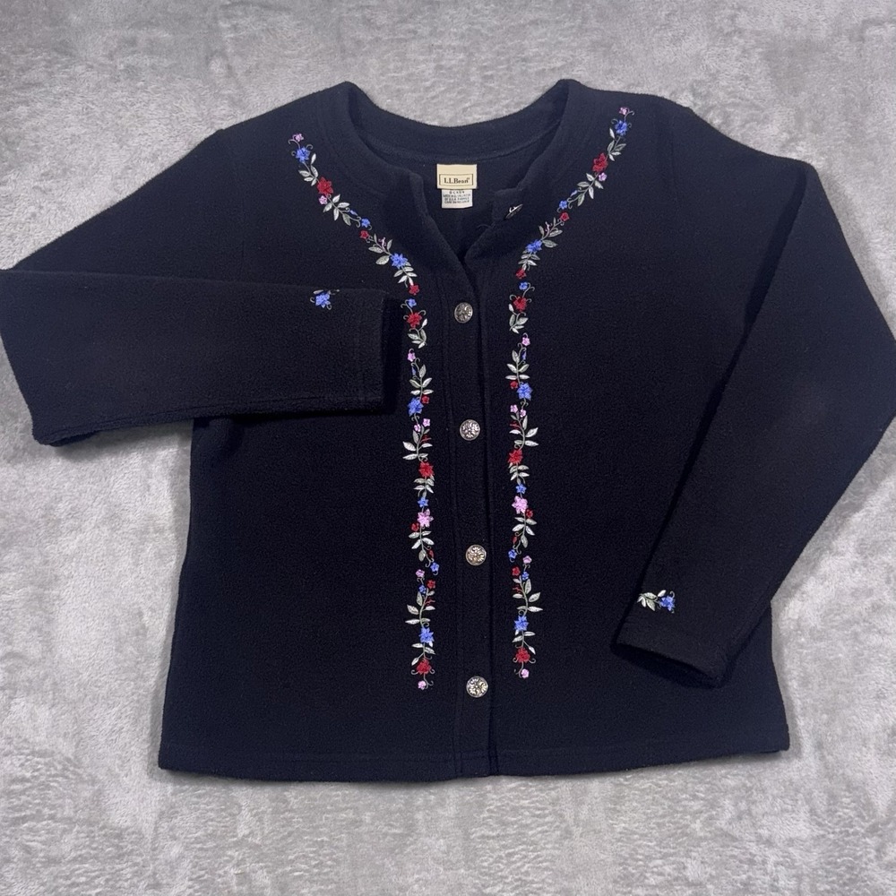L.L.Bean Women's M Black Fleece Cardigan Jacket Embroidered Floral Cottagecore